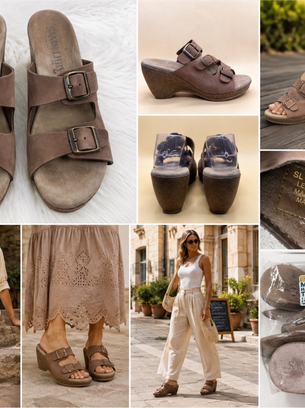 Sam & Libby Brookfield Wedge Sandals 9.5 Brown Leather Italy Double Buckle Mule